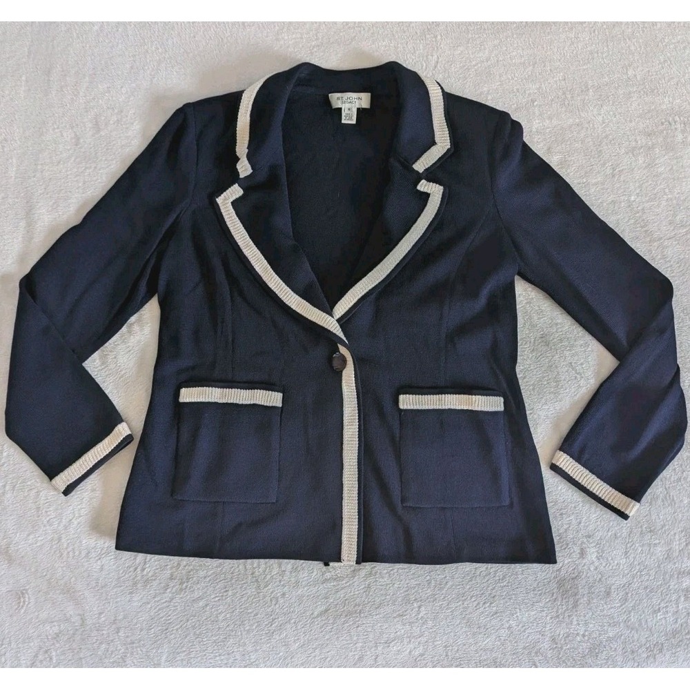 Vtg St John Legacy Knit Blazer Navy Blue Cream Trim Wool Blend Sz 10 Luxury